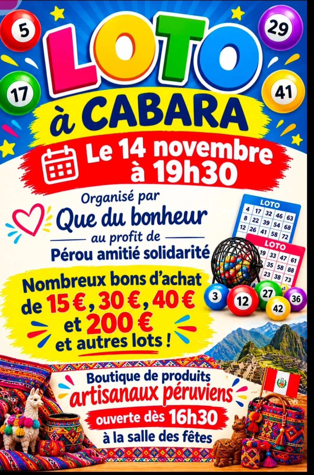 Affiche du loto à Cabara, samedi 14 novembre 2026 à 19 h 30, organisé par Que du Bonheur au profit de Pérou Amitié Solidarité